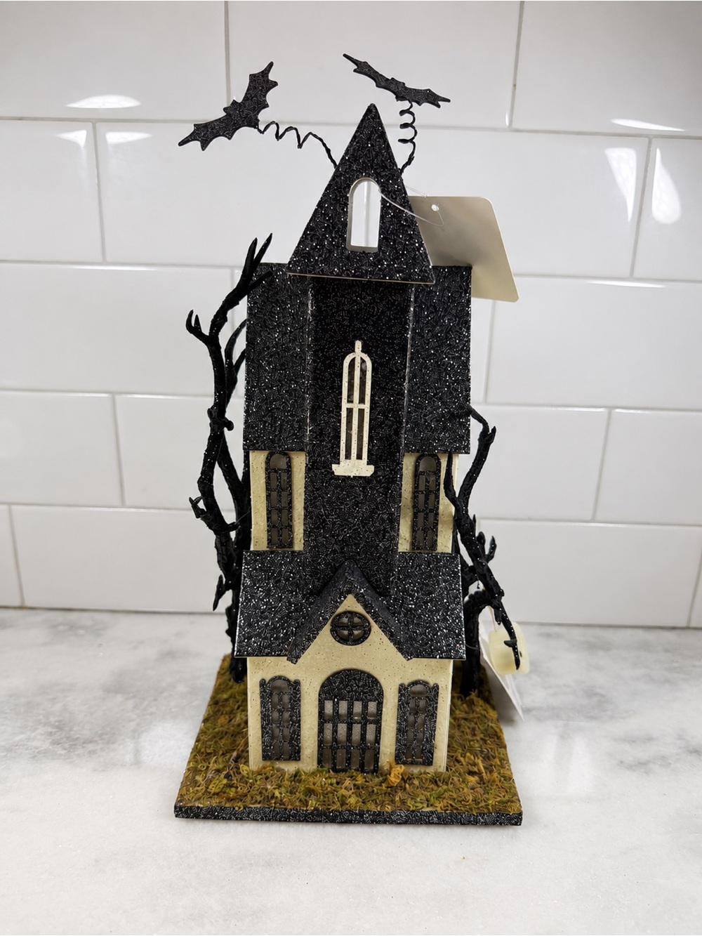 Halloween Putz Style Glitter Steeple House Bats LED Light-Up Black 12” New